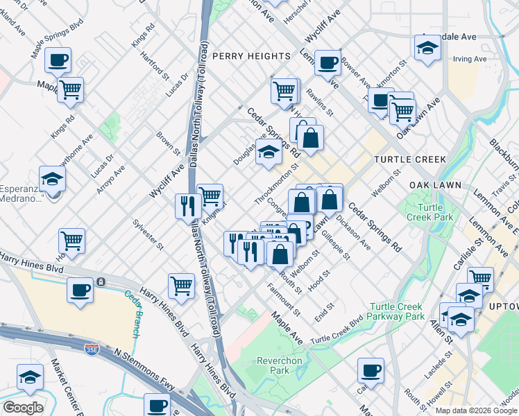 map of restaurants, bars, coffee shops, grocery stores, and more near 2714 Throckmorton Street in Dallas