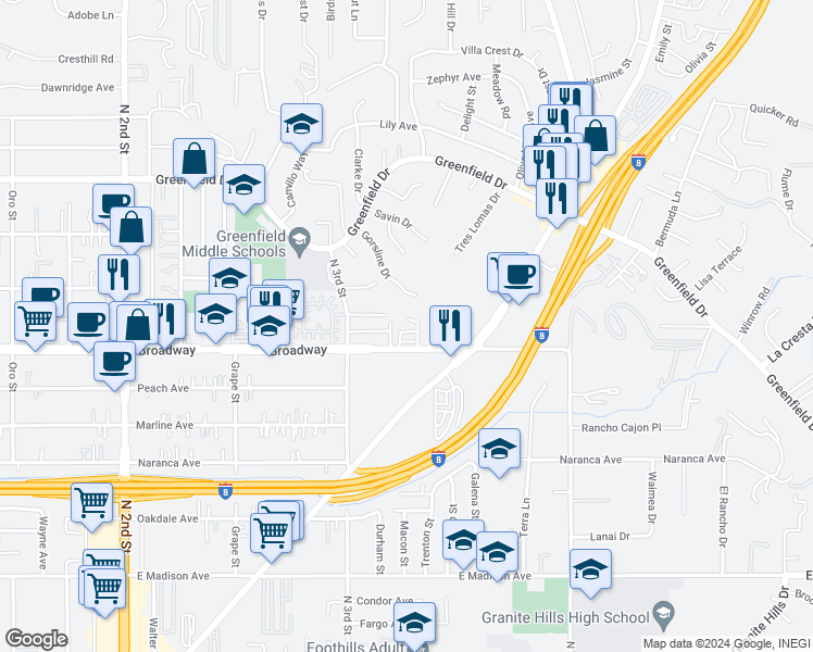 map of restaurants, bars, coffee shops, grocery stores, and more near 1500 Broadway in El Cajon