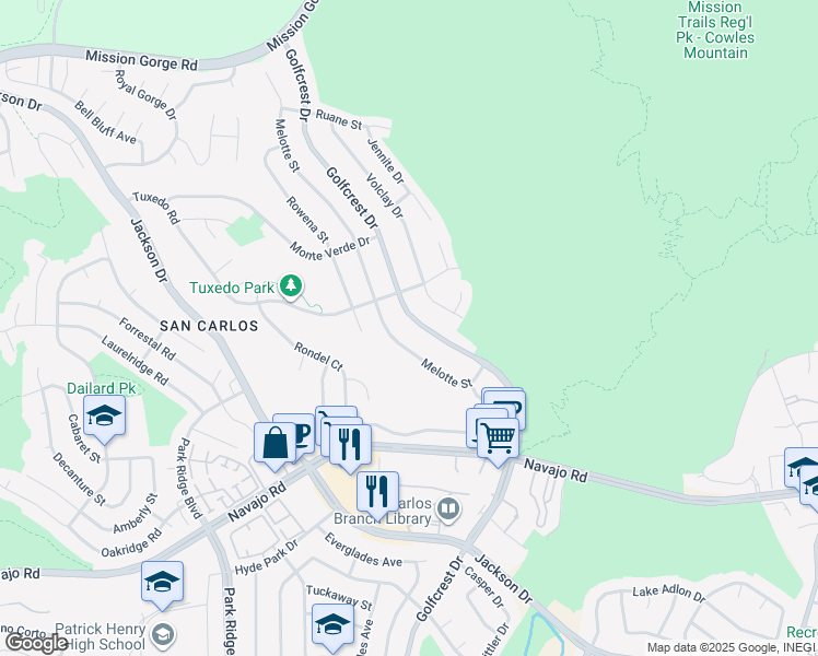 map of restaurants, bars, coffee shops, grocery stores, and more near 7305 Melotte Street in San Diego