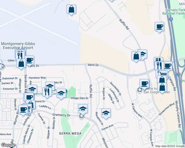 map of restaurants, bars, coffee shops, grocery stores, and more near 3558 Ruffin Road in San Diego