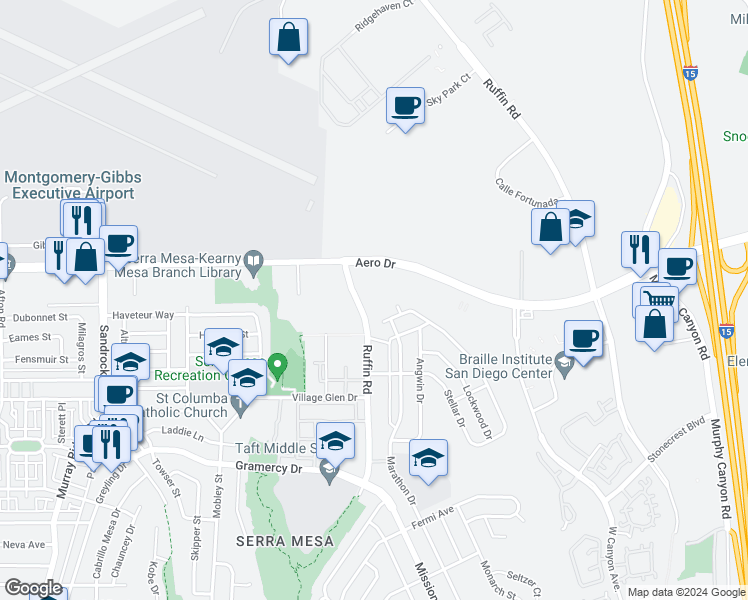 map of restaurants, bars, coffee shops, grocery stores, and more near 3591 Ruffin Road in San Diego