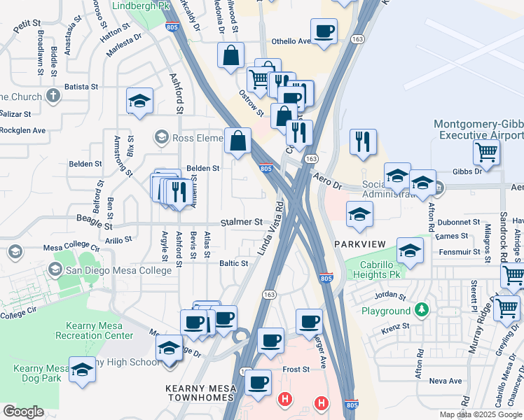 map of restaurants, bars, coffee shops, grocery stores, and more near 7838 Stalmer Street in San Diego