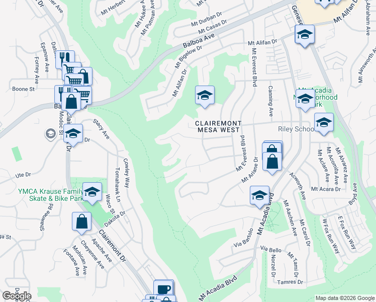 map of restaurants, bars, coffee shops, grocery stores, and more near 3724 Mount Ashmun Place in San Diego