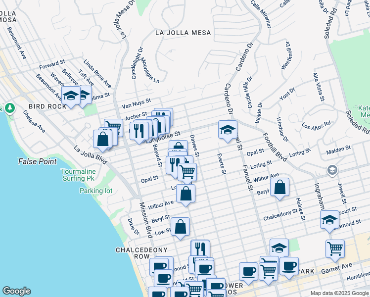 map of restaurants, bars, coffee shops, grocery stores, and more near 1068 1/2 Tourmaline Street in San Diego