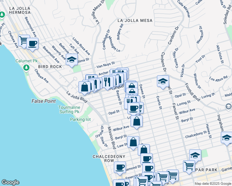 map of restaurants, bars, coffee shops, grocery stores, and more near 5130 Bayard Street in San Diego