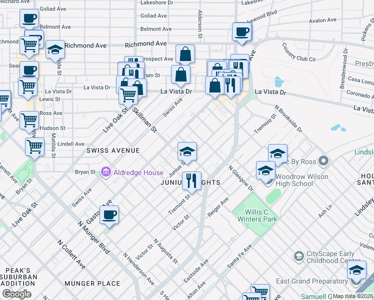 map of restaurants, bars, coffee shops, grocery stores, and more near 710 Skillman Street in Dallas