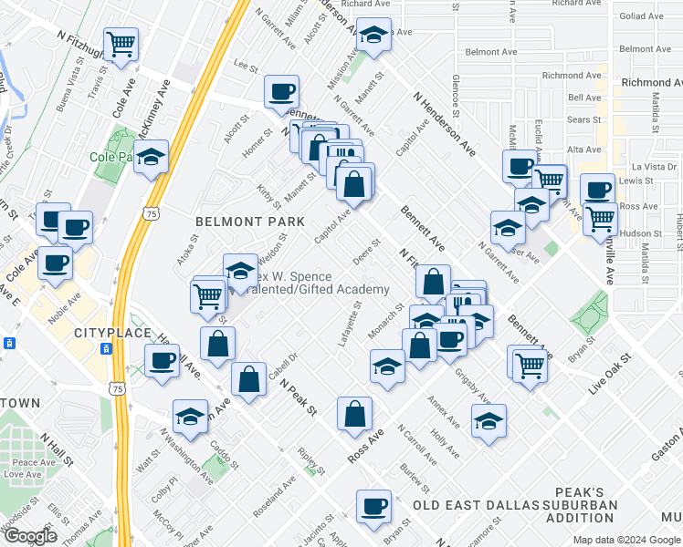 map of restaurants, bars, coffee shops, grocery stores, and more near 4650 Deere Street in Dallas