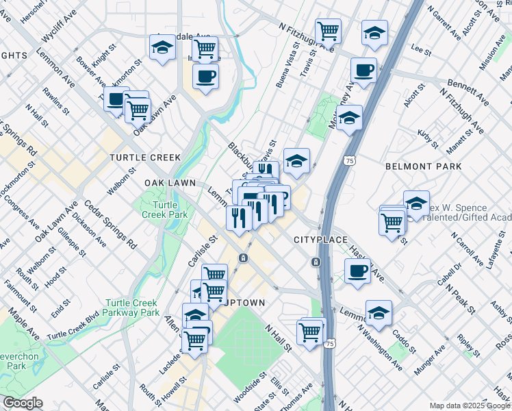 map of restaurants, bars, coffee shops, grocery stores, and more near 3699 McKinney Avenue in Dallas