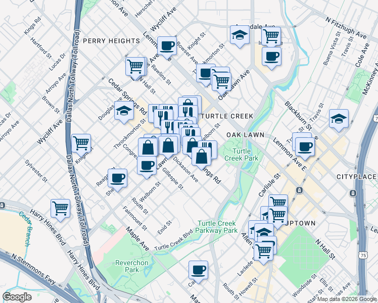 map of restaurants, bars, coffee shops, grocery stores, and more near 3624 Dickason Avenue in Dallas