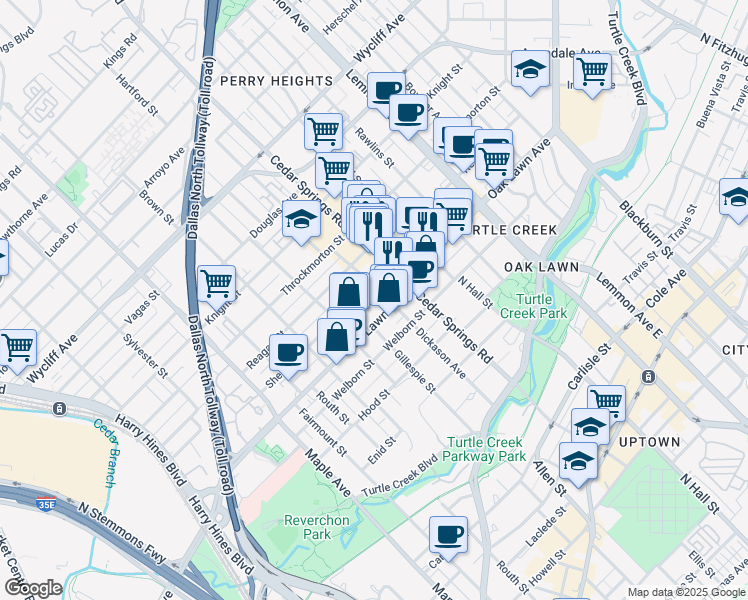 map of restaurants, bars, coffee shops, grocery stores, and more near 2916 Oak Lawn Avenue in Dallas