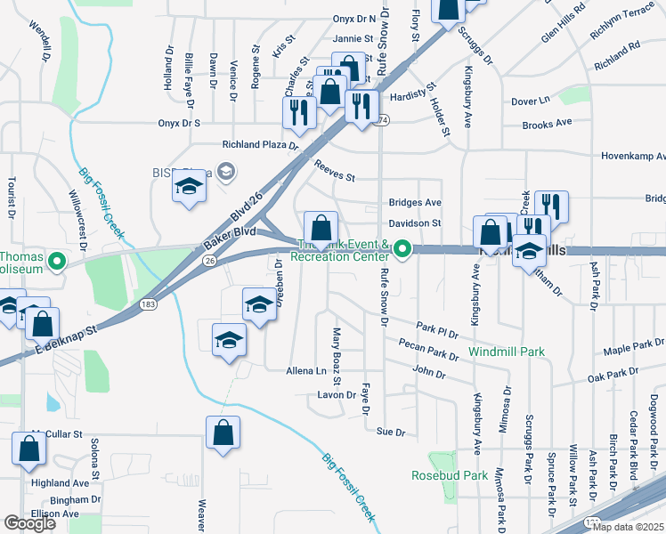 map of restaurants, bars, coffee shops, grocery stores, and more near 6604 Laura Ann Court in Richland Hills