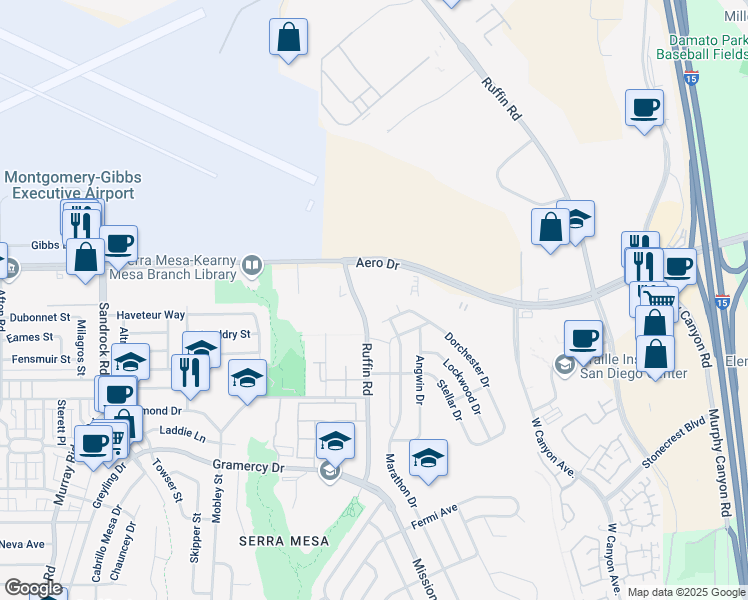 map of restaurants, bars, coffee shops, grocery stores, and more near 3575 Ruffin Road in San Diego