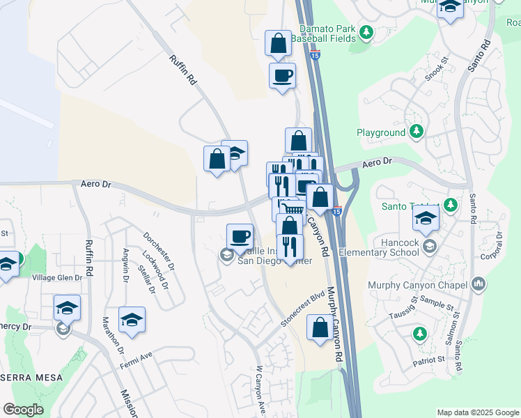 map of restaurants, bars, coffee shops, grocery stores, and more near 9797 Aero Drive in San Diego
