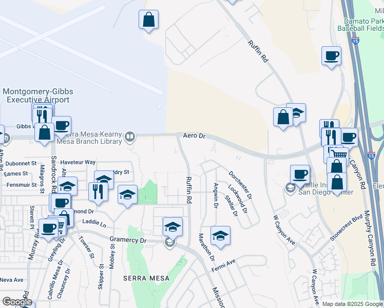 map of restaurants, bars, coffee shops, grocery stores, and more near 3575 Ruffin Road in San Diego