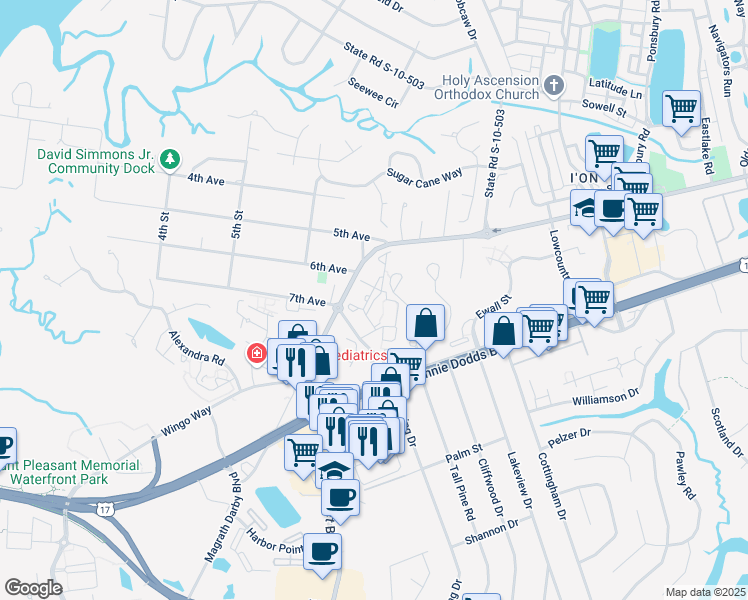 map of restaurants, bars, coffee shops, grocery stores, and more near 301 Seabrook Lane in Mount Pleasant