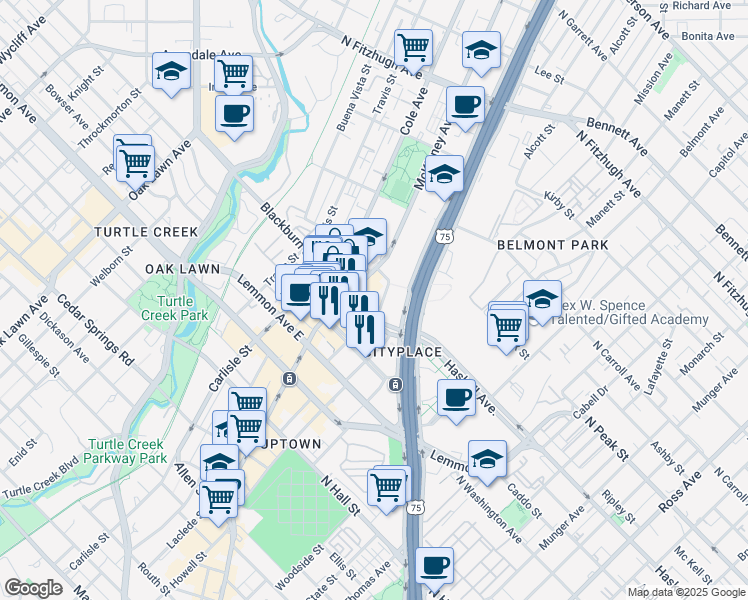 map of restaurants, bars, coffee shops, grocery stores, and more near 3000 Blackburn Street in Dallas