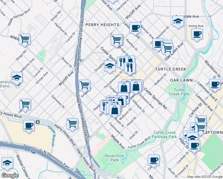 map of restaurants, bars, coffee shops, grocery stores, and more near 2720 Reagan Street in Dallas
