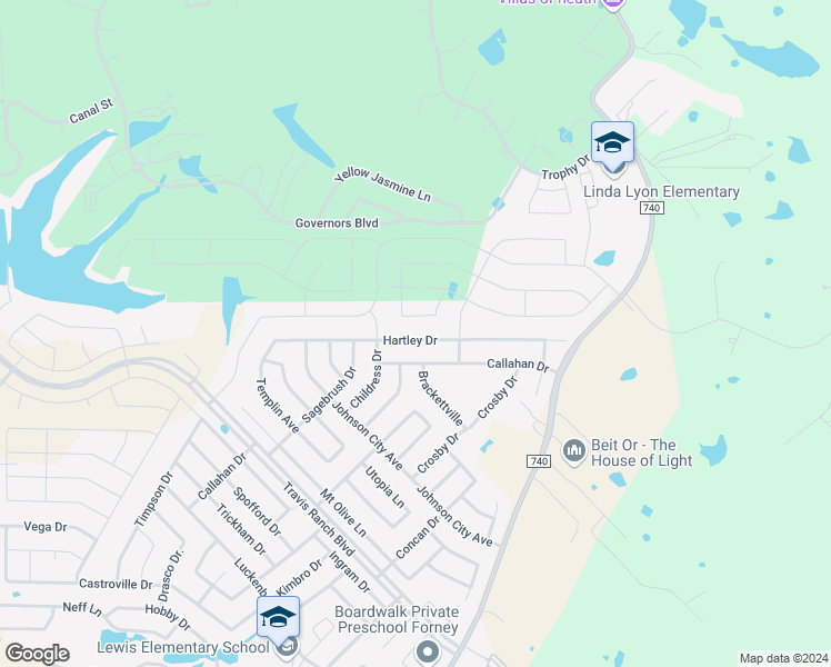 map of restaurants, bars, coffee shops, grocery stores, and more near 2118 Hartley Drive in Forney