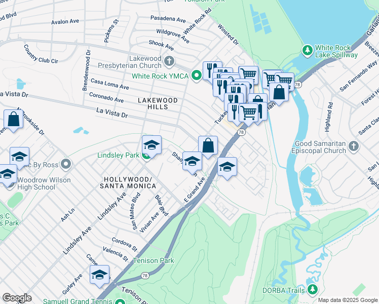 map of restaurants, bars, coffee shops, grocery stores, and more near 7200 East Grand Avenue in Dallas