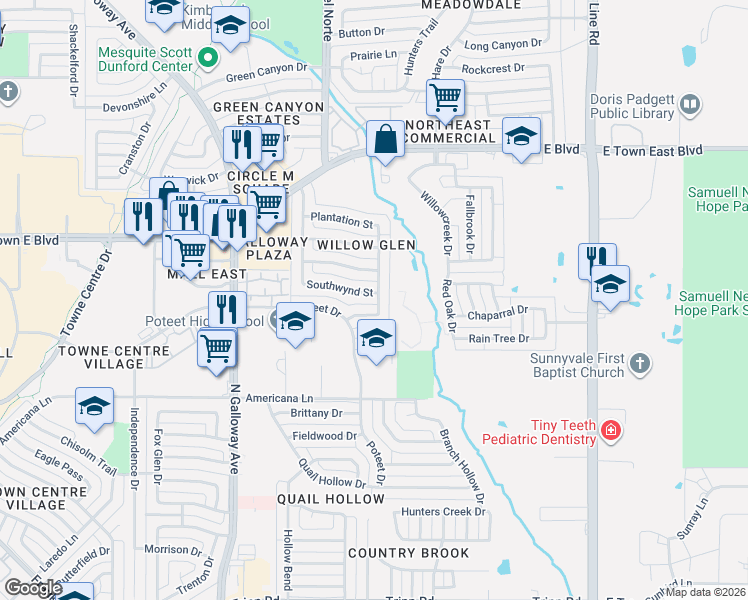 map of restaurants, bars, coffee shops, grocery stores, and more near 604 Plantation Street in Mesquite