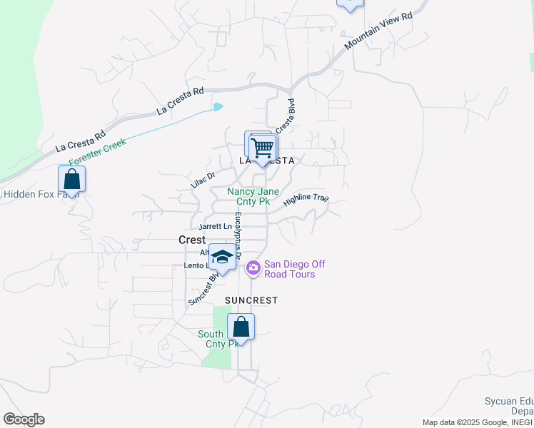 map of restaurants, bars, coffee shops, grocery stores, and more near 2 Highline Trail in El Cajon