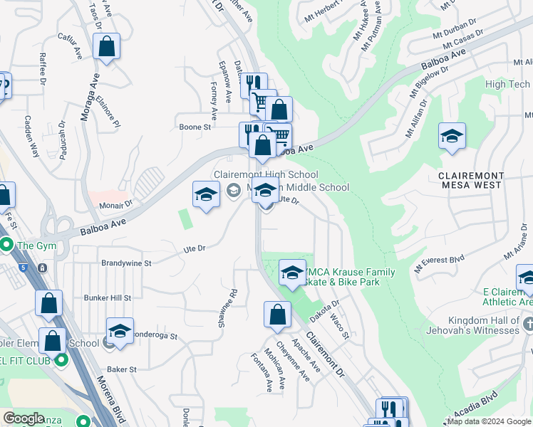 map of restaurants, bars, coffee shops, grocery stores, and more near 3799 Clairemont Drive in San Diego