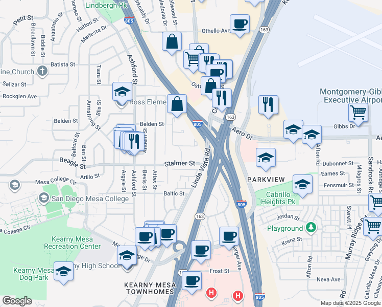 map of restaurants, bars, coffee shops, grocery stores, and more near 7840 Stalmer Street in San Diego
