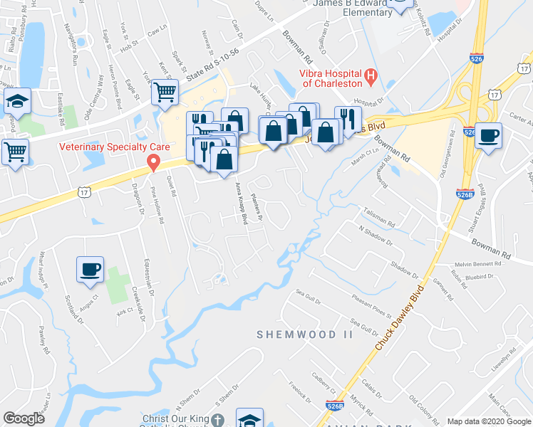 map of restaurants, bars, coffee shops, grocery stores, and more near Village Creek Lane in Mount Pleasant
