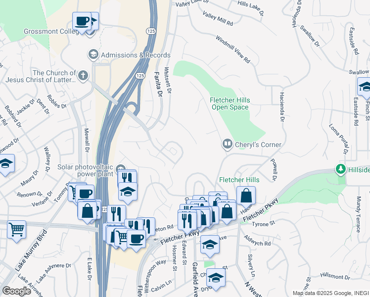 map of restaurants, bars, coffee shops, grocery stores, and more near 1122 Erin Drive in El Cajon