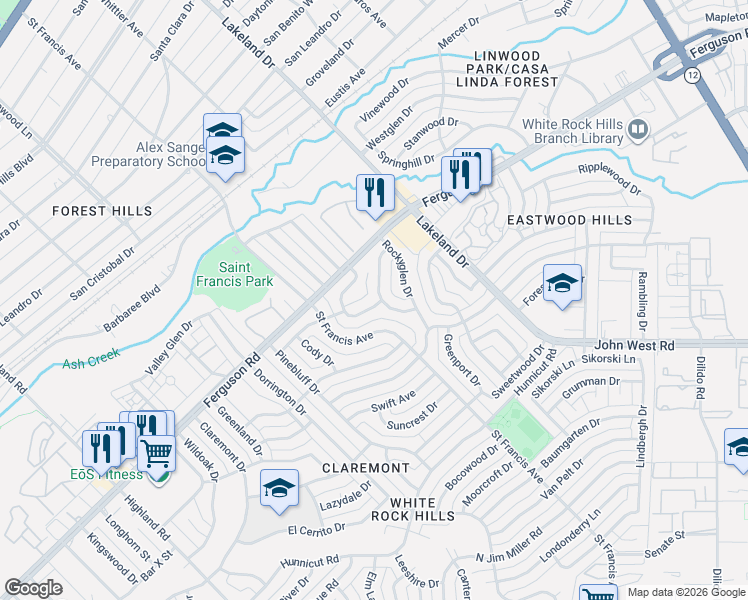 map of restaurants, bars, coffee shops, grocery stores, and more near 2375 Chart Drive in Dallas