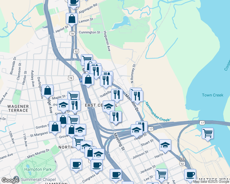 map of restaurants, bars, coffee shops, grocery stores, and more near 44 Romney Street in Charleston