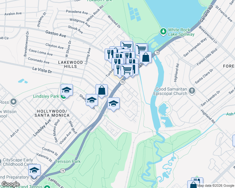 map of restaurants, bars, coffee shops, grocery stores, and more near 7439 Coronado Avenue in Dallas