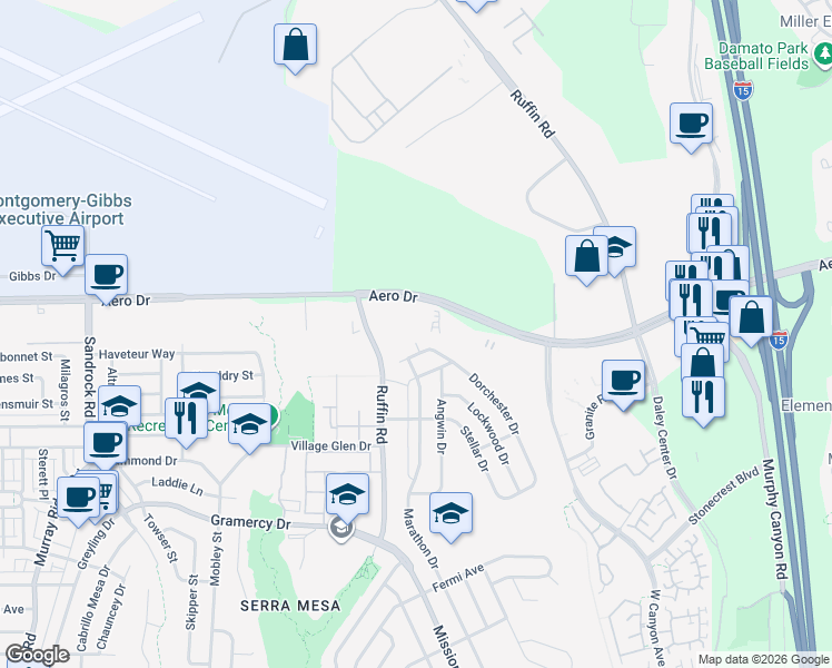 map of restaurants, bars, coffee shops, grocery stores, and more near 3631 Wagner Place in San Diego