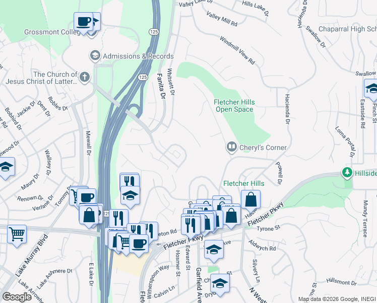 map of restaurants, bars, coffee shops, grocery stores, and more near 1122 Erin Drive in El Cajon