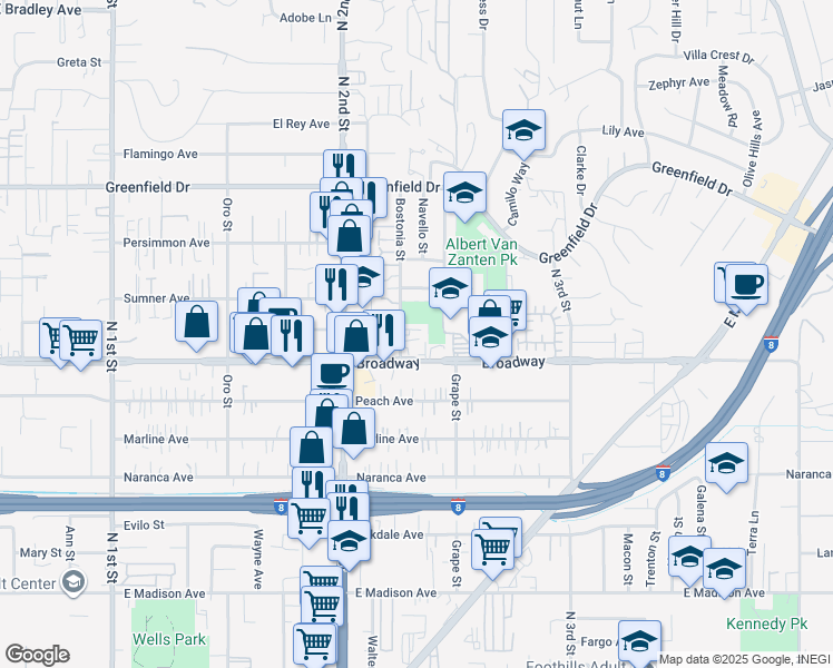 map of restaurants, bars, coffee shops, grocery stores, and more near 1376 Broadway in El Cajon