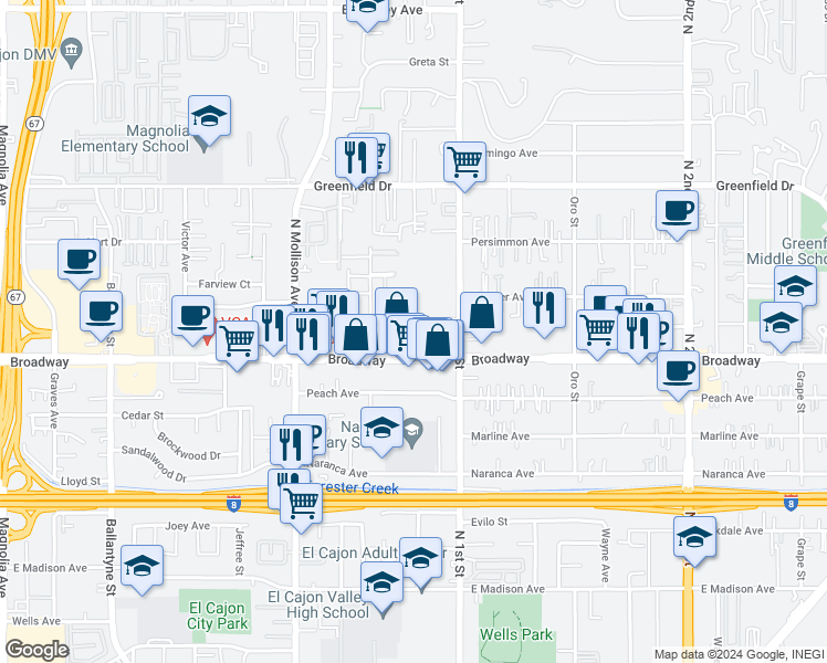 map of restaurants, bars, coffee shops, grocery stores, and more near 1050 Broadway in El Cajon