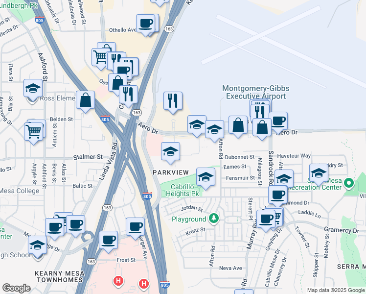 map of restaurants, bars, coffee shops, grocery stores, and more near 8200-8298 Aero Pl in San Diego