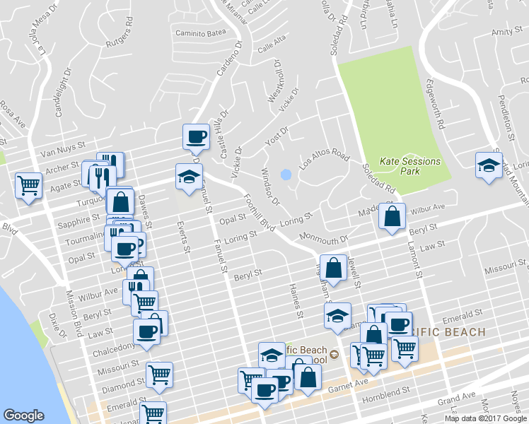 map of restaurants, bars, coffee shops, grocery stores, and more near 5009 Foothill Boulevard in San Diego
