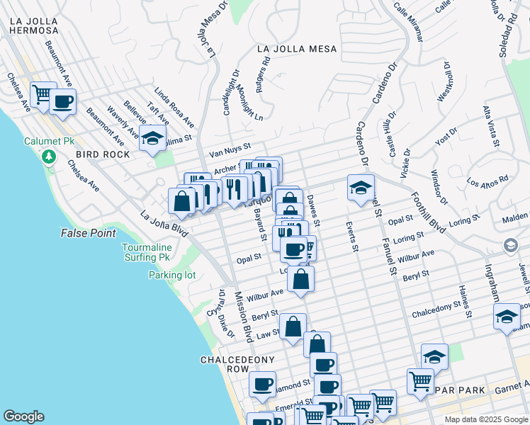 map of restaurants, bars, coffee shops, grocery stores, and more near 5130 Bayard Street in San Diego