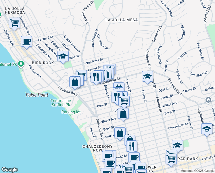 map of restaurants, bars, coffee shops, grocery stores, and more near 5130 Bayard Street in San Diego