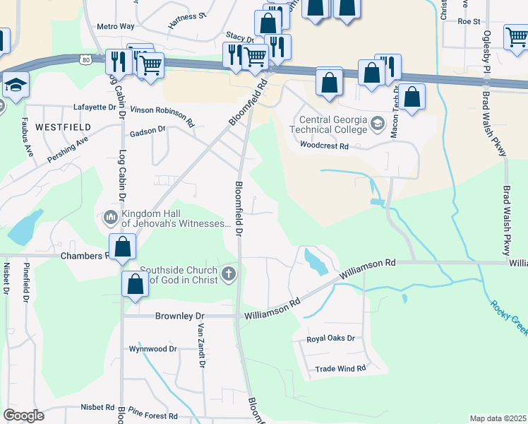 map of restaurants, bars, coffee shops, grocery stores, and more near 3110 Bloomfield Drive in Macon