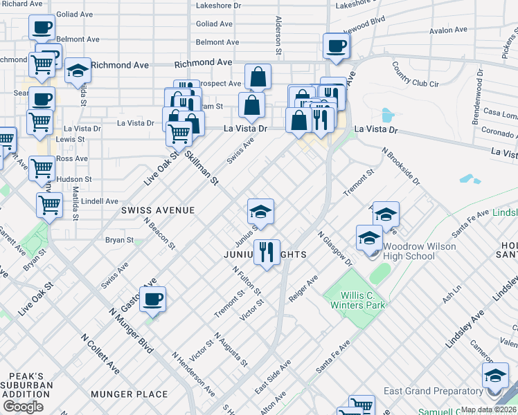 map of restaurants, bars, coffee shops, grocery stores, and more near 710 Skillman Street in Dallas
