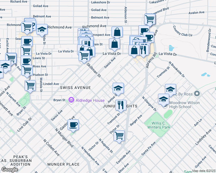 map of restaurants, bars, coffee shops, grocery stores, and more near 5738 Gaston Avenue in Dallas