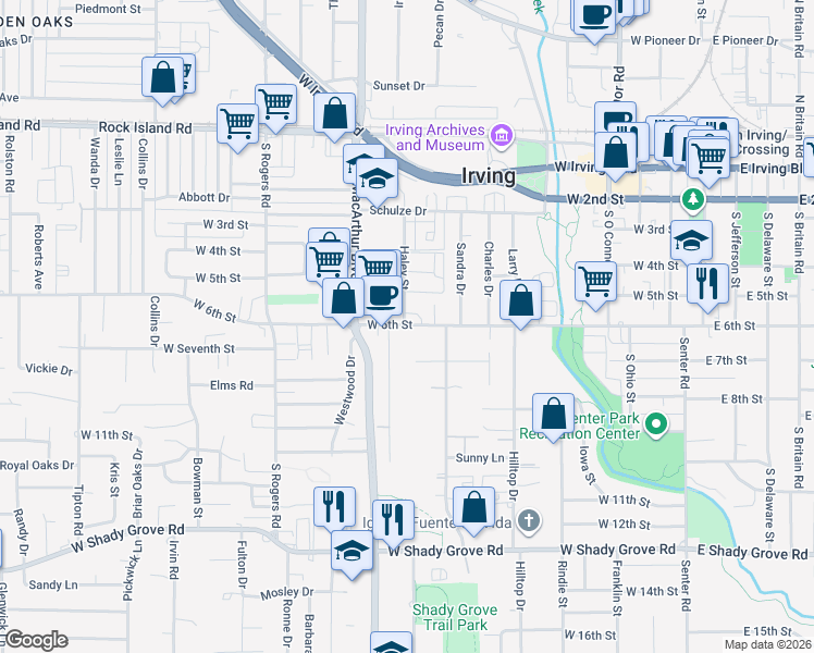 map of restaurants, bars, coffee shops, grocery stores, and more near 604 Knight Lane in Irving