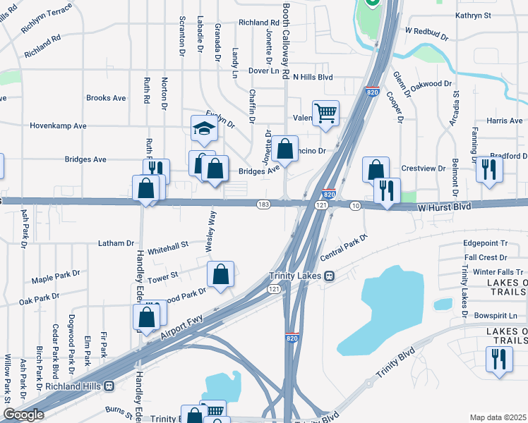 map of restaurants, bars, coffee shops, grocery stores, and more near 7620 Baker Boulevard in Richland Hills