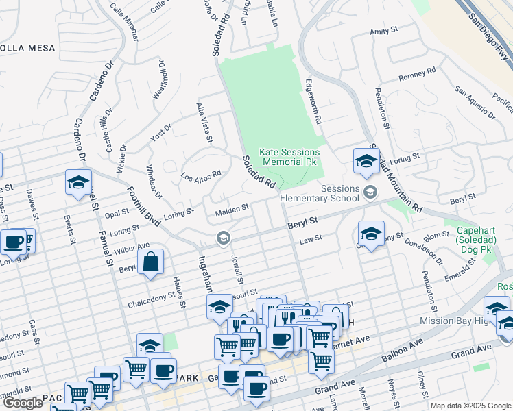 map of restaurants, bars, coffee shops, grocery stores, and more near 1811 Malden Street in San Diego