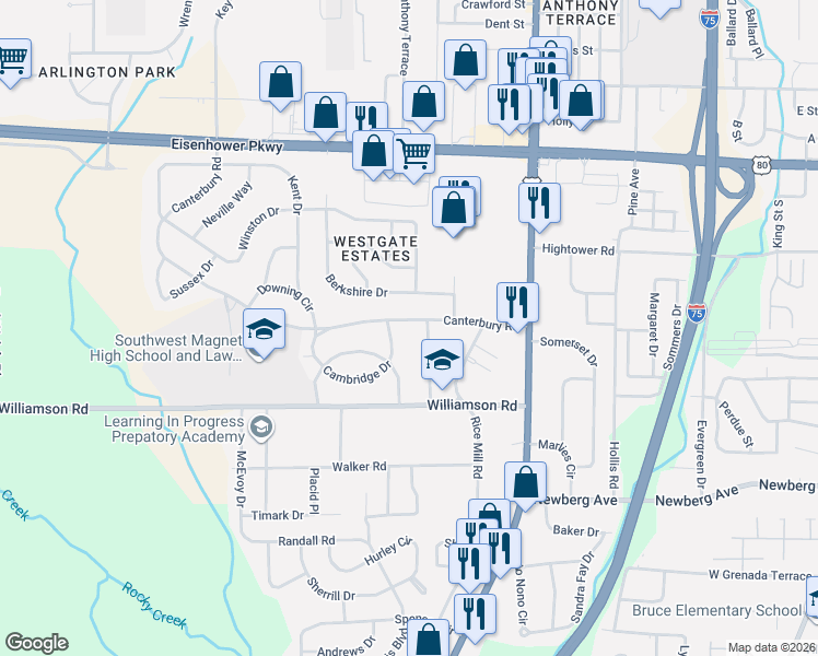 map of restaurants, bars, coffee shops, grocery stores, and more near 3042 Manchester Drive in Macon