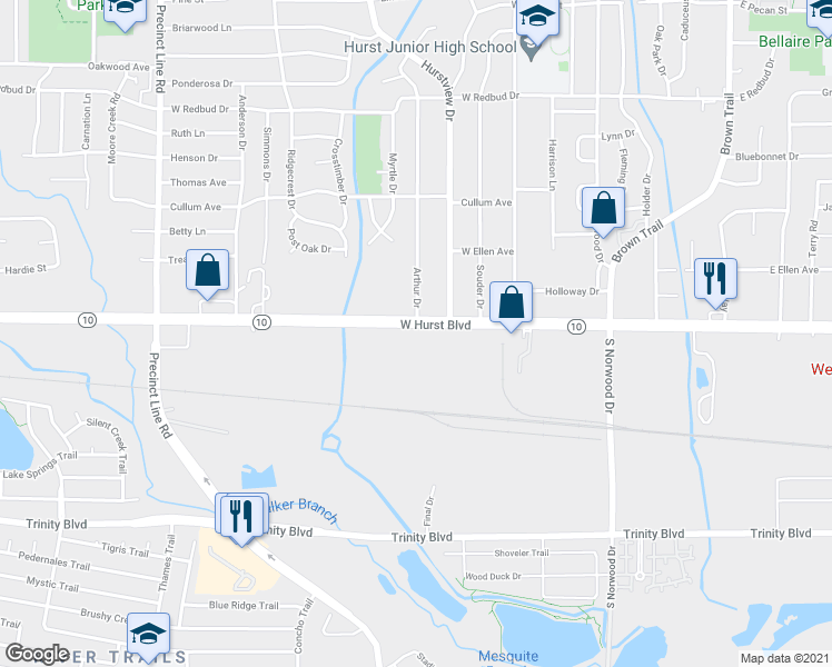 map of restaurants, bars, coffee shops, grocery stores, and more near 501 West Hurst Boulevard in Hurst
