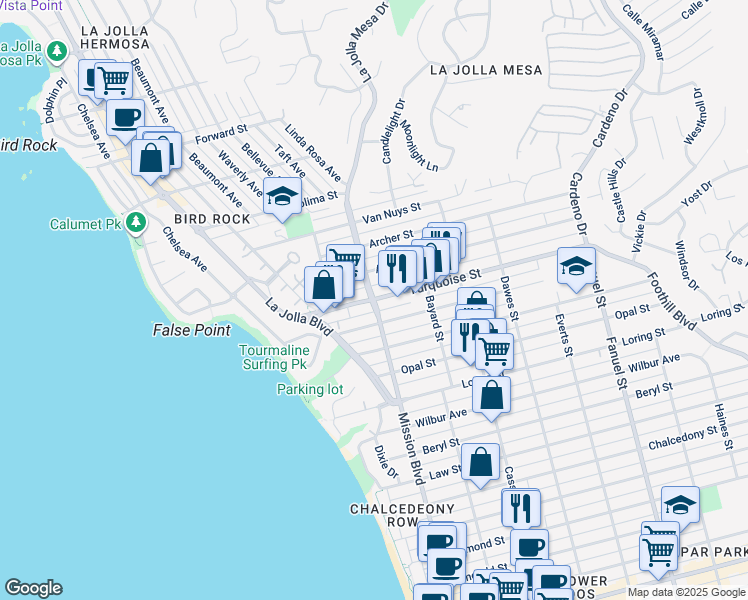 map of restaurants, bars, coffee shops, grocery stores, and more near Turquoise Street in San Diego
