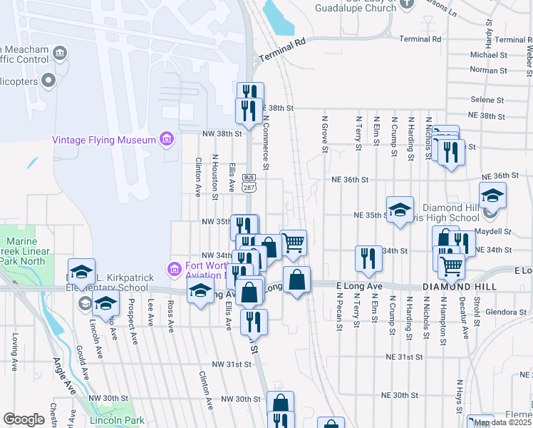 map of restaurants, bars, coffee shops, grocery stores, and more near 200 Northeast 35th Street in Fort Worth